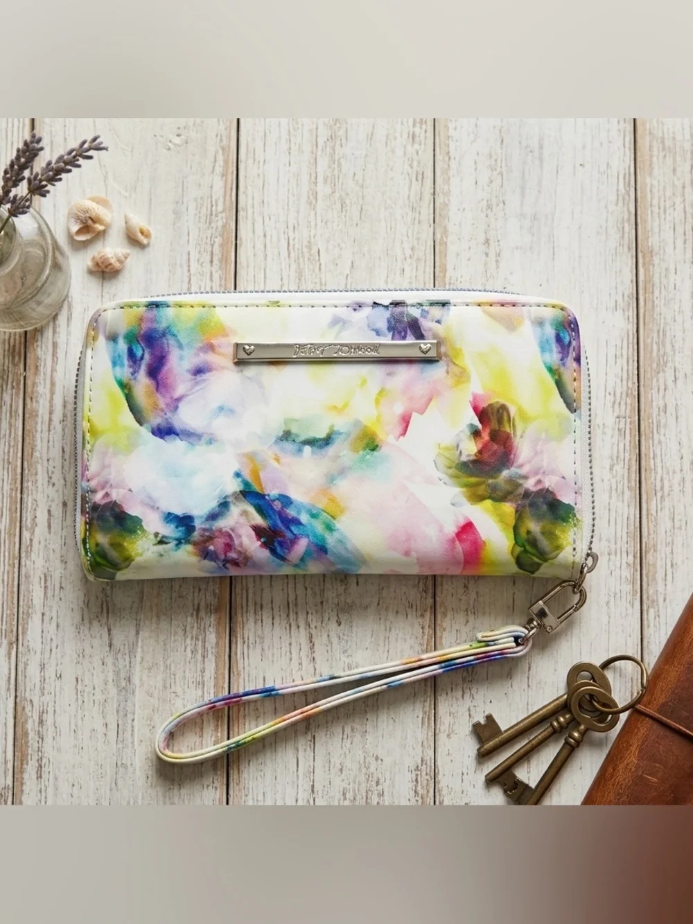 Betsey Johnson Floral Watercolor Zip Around Wristlet Wallet